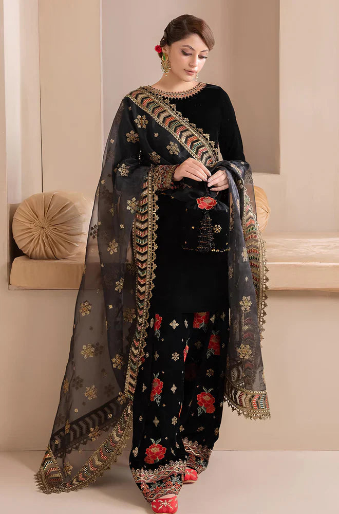 Embroidered Velvet Dress With Organza embroidered Dopata - VL978