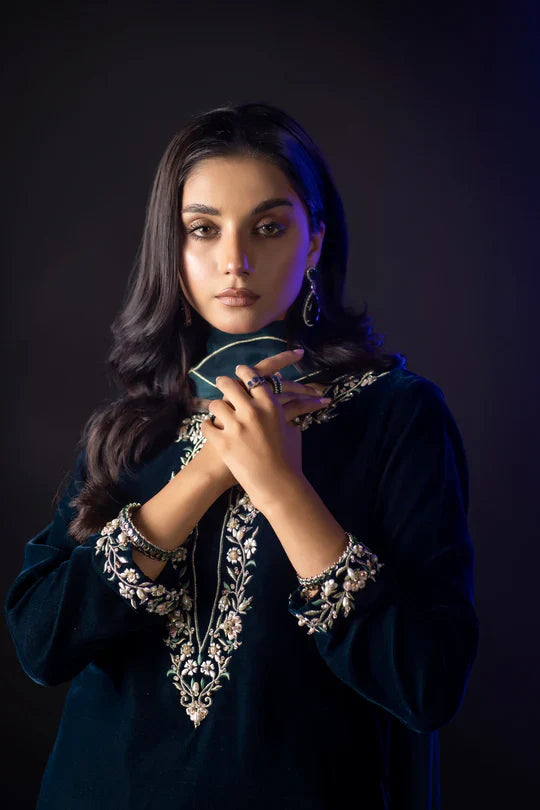 Veezal Embroidered Velvet Dress with Embroidered Karandi Shawl - VL990