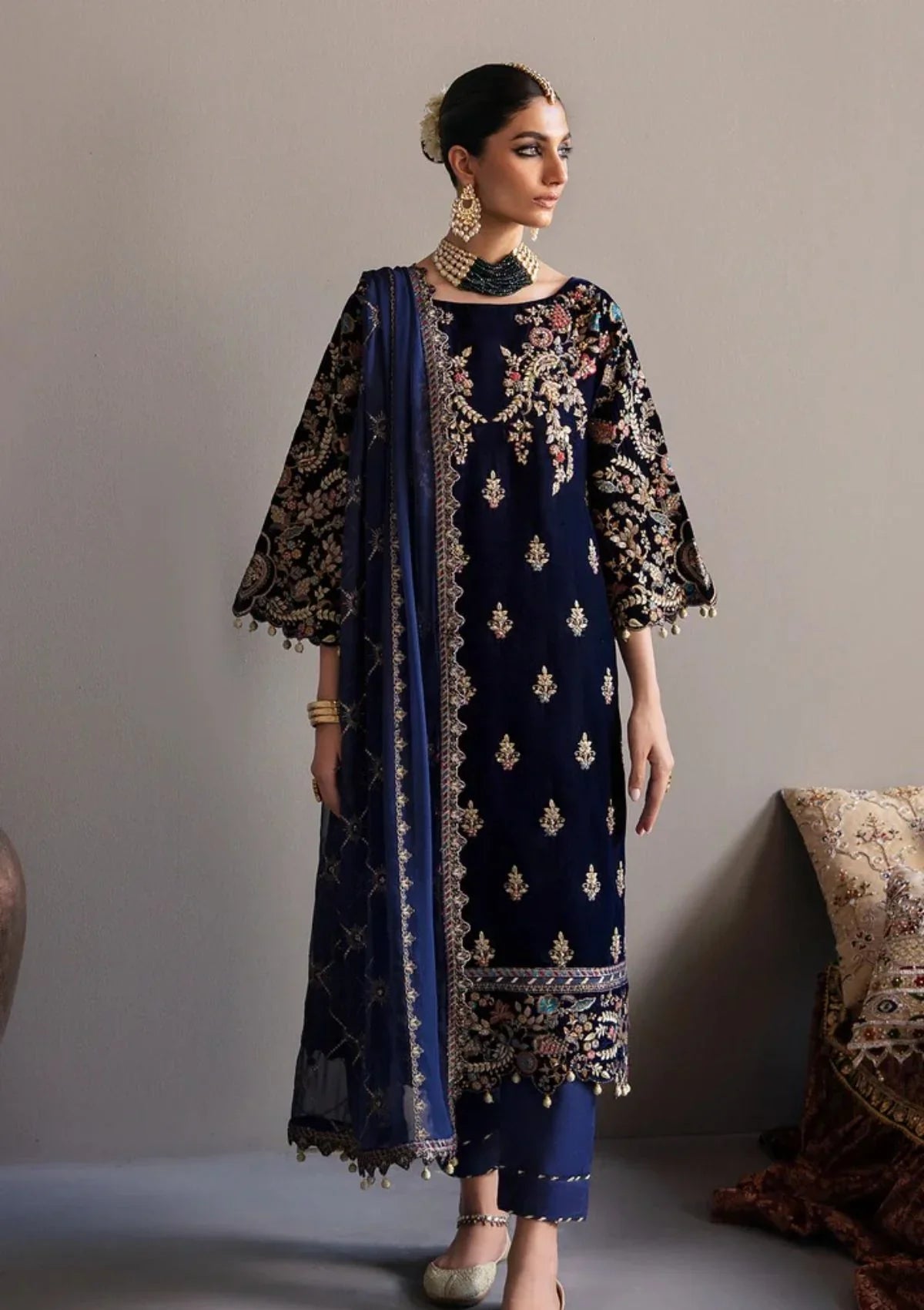 3-Piece Unstitched Heavy Embroidered Velvet Suit - VL981