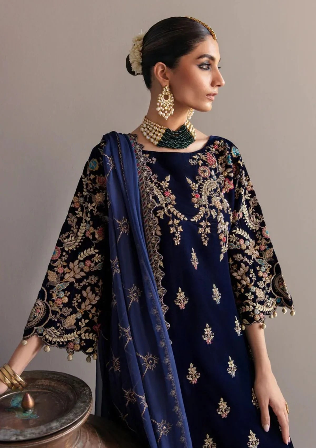 3-Piece Unstitched Heavy Embroidered Velvet Suit - VL981