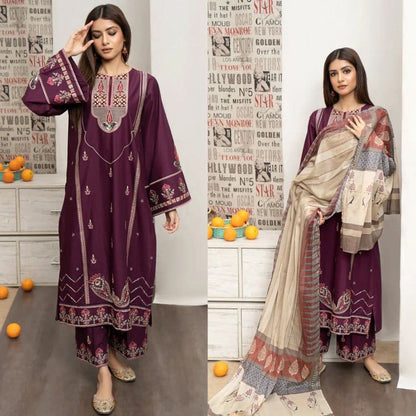Urge Embroidered Dhanak Three Piece - VL1189