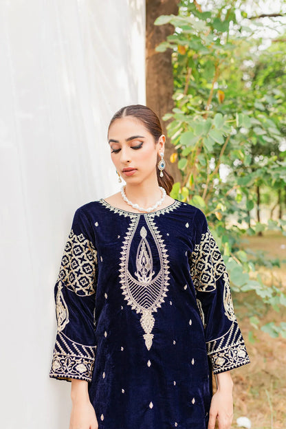 3PCs Velvet Embroidered Dress With Velvet Embroidered Shawl - VL967