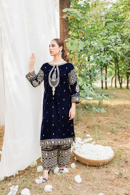 3PCs Velvet Embroidered Dress With Velvet Embroidered Shawl - VL967
