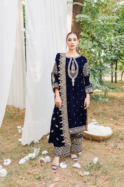 3PCs Velvet Embroidered Dress With Velvet Embroidered Shawl - VL967