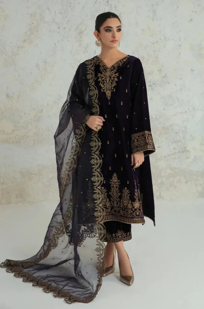 3PCs Velvet Dress With Embroidered Organza Dupatta - VL966