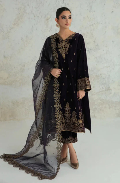 3PCs Velvet Dress With Embroidered Organza Dupatta - VL966