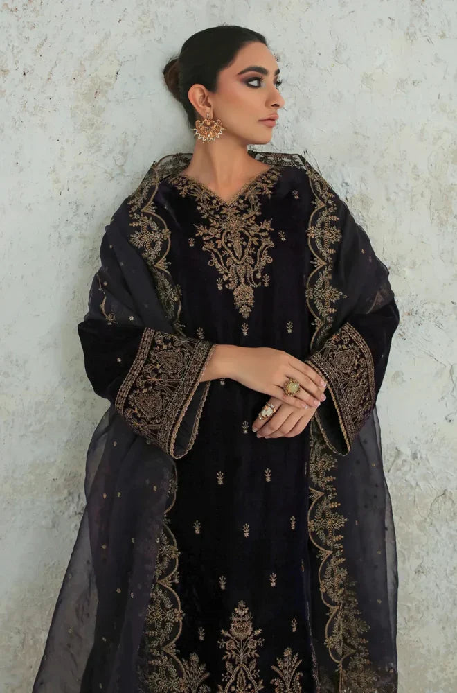 3PCs Velvet Dress With Embroidered Organza Dupatta - VL966
