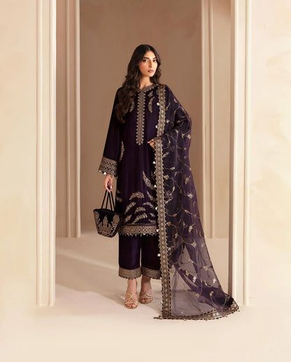 3PCs Embroidered Velvet Dress With Shamooz Silk Trouser - VL968