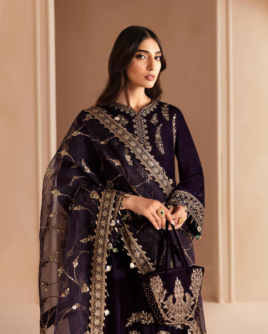 3PCs Embroidered Velvet Dress With Shamooz Silk Trouser - VL968