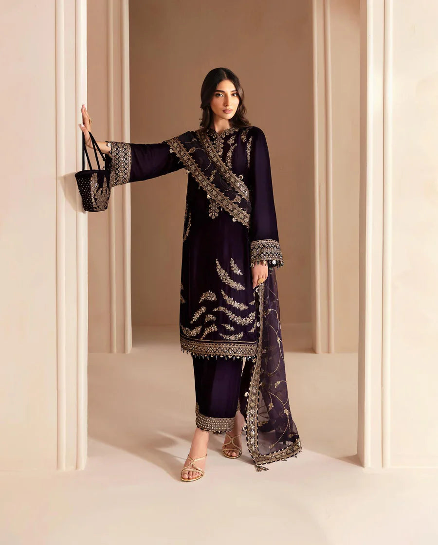 3PCs Embroidered Velvet Dress With Shamooz Silk Trouser - VL968