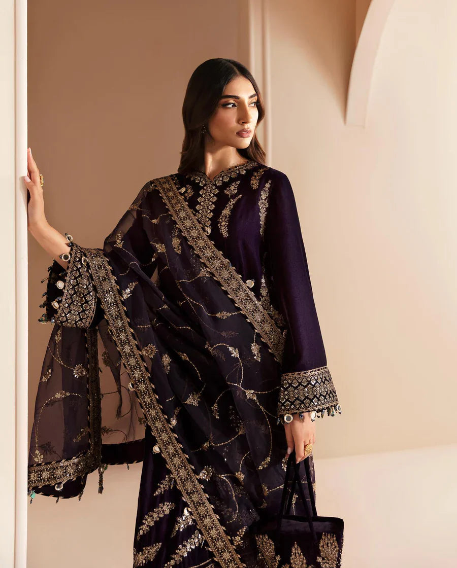 3PCs Embroidered Velvet Dress With Shamooz Silk Trouser - VL968