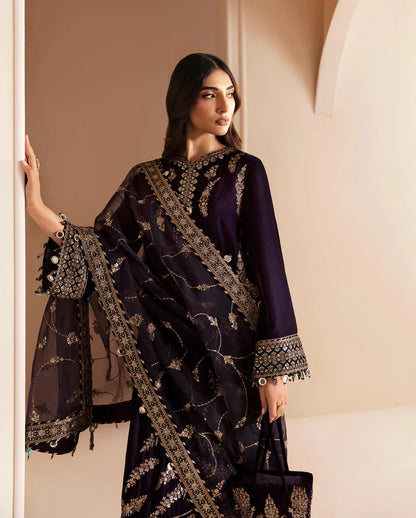 3PCs Embroidered Velvet Dress With Shamooz Silk Trouser - VL968