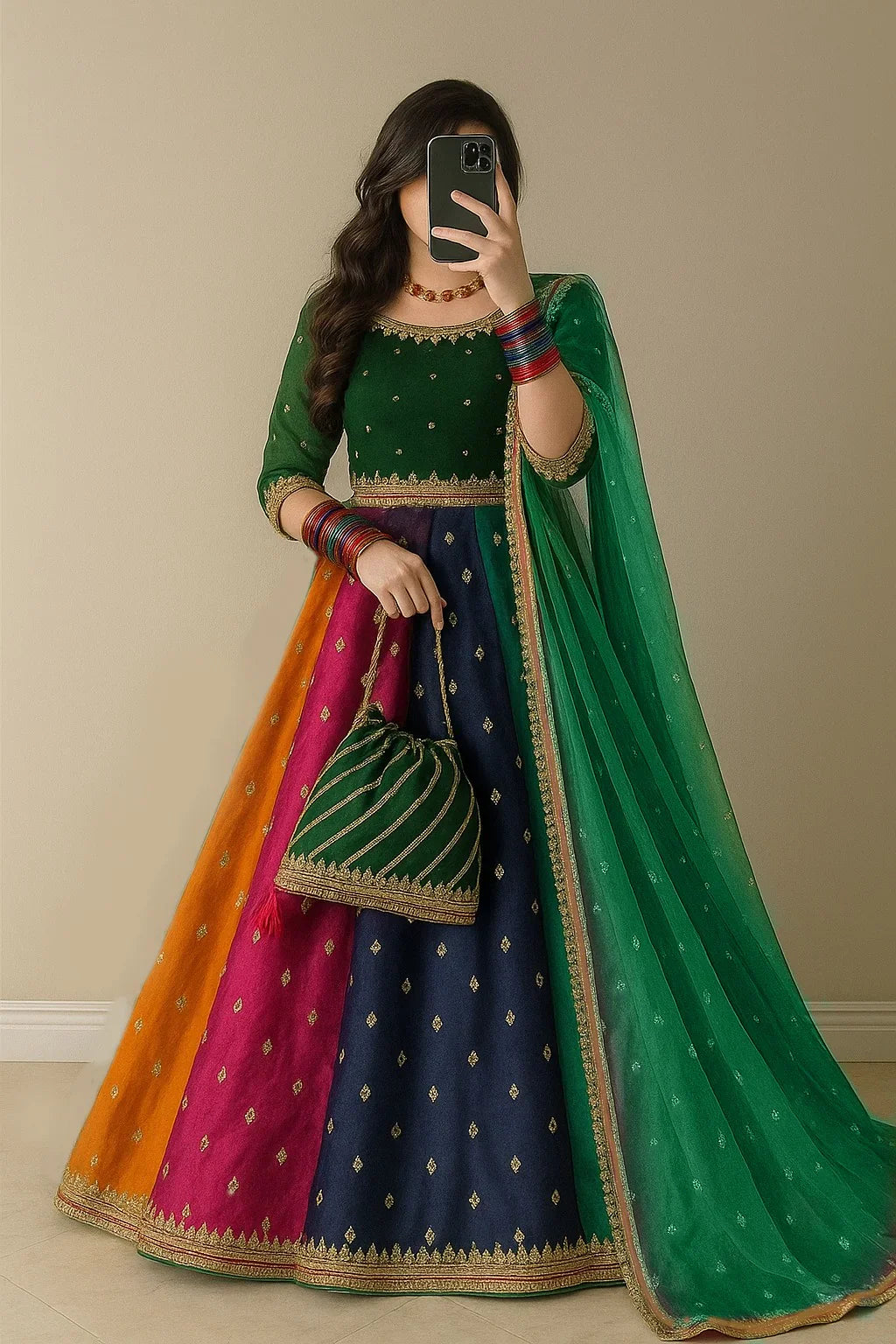 Kataan Silk 3 Piece Embroidered Lehenga - VL1141