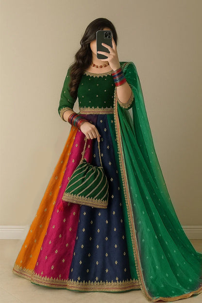 Kataan Silk 3 Piece Embroidered Lehenga - VL1141
