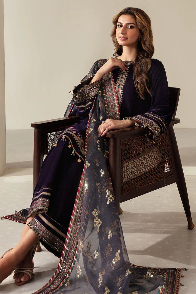 VL952 3-Piece Unstitched Heavy Embroidered Velvet Suit ( Four Sided Embroidered Organza Dupatta )