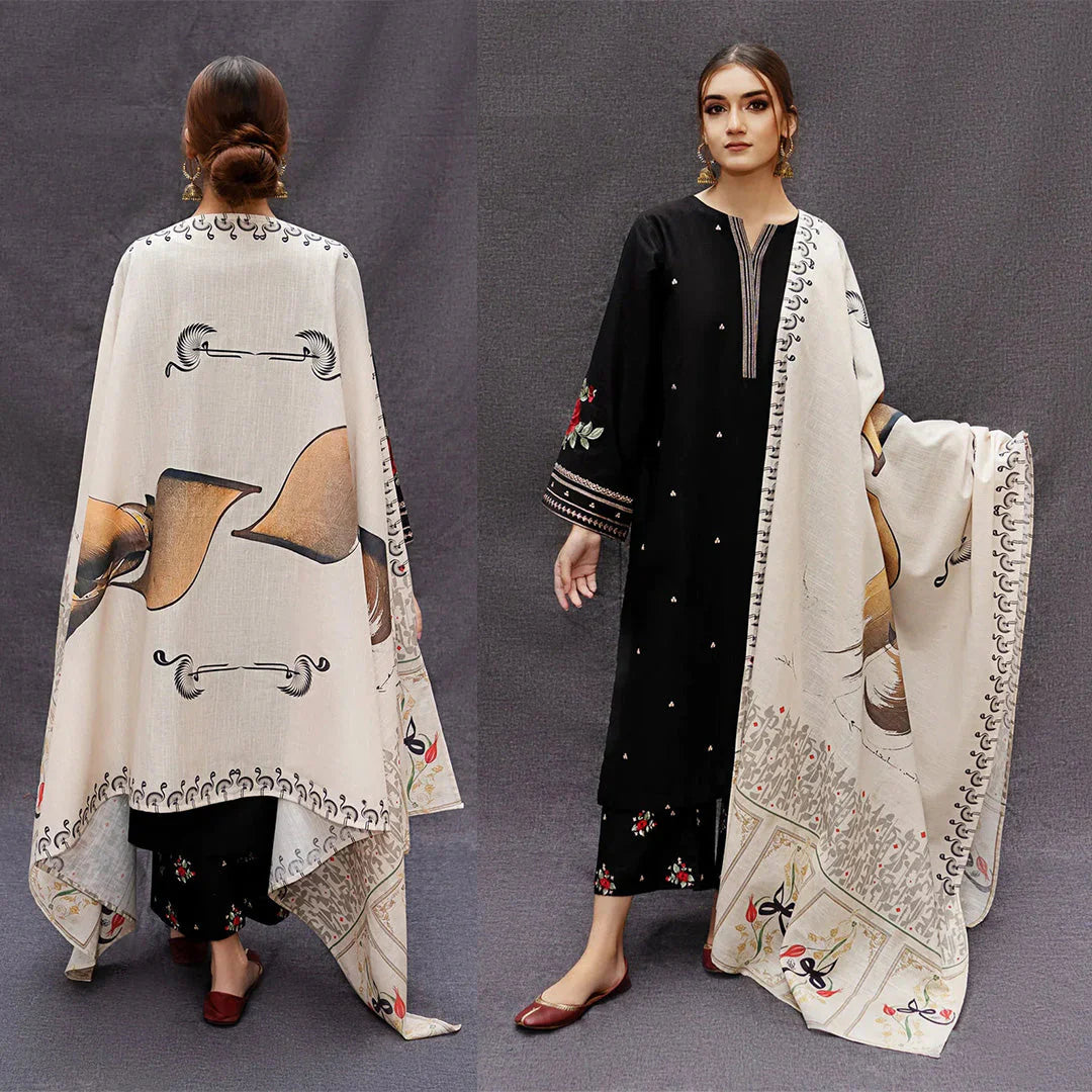 DHANAK 3PC EMBROIDERED SHIRT WITH DIGITAL PRINTED WOOL SHAWL- VL1127