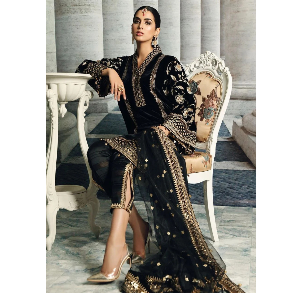 Anaya Velvet Embroidered Dress With Organza Embroidered Shawl - VL969