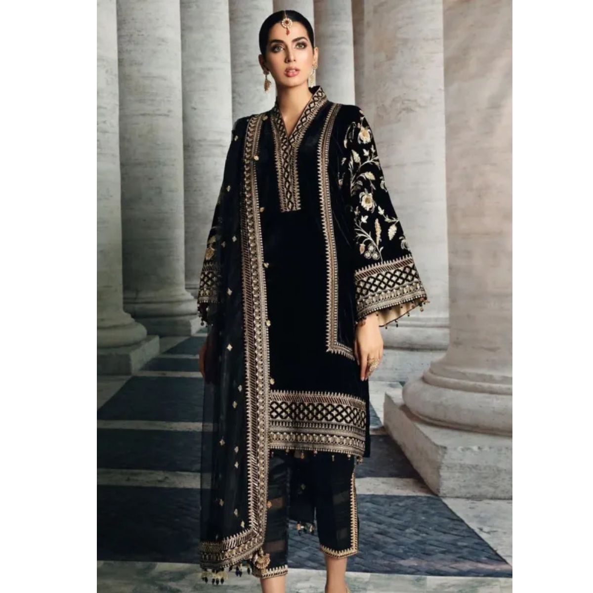 Anaya Velvet Embroidered Dress With Organza Embroidered Shawl - VL969