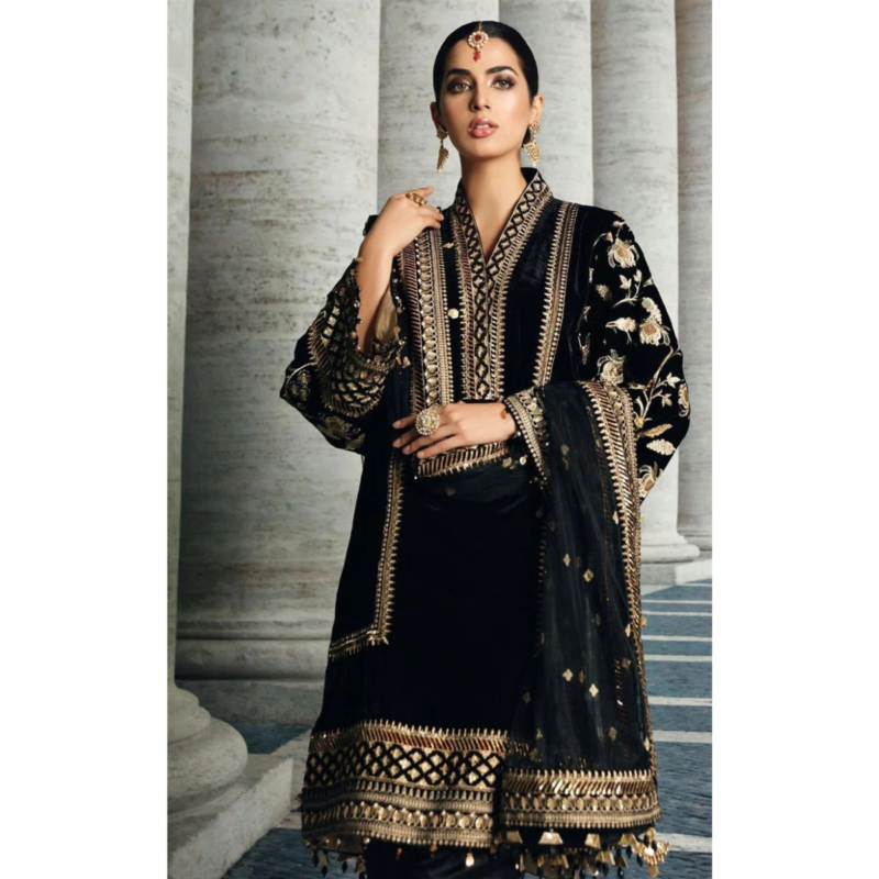 Anaya Velvet Embroidered Dress With Organza Embroidered Shawl - VL969