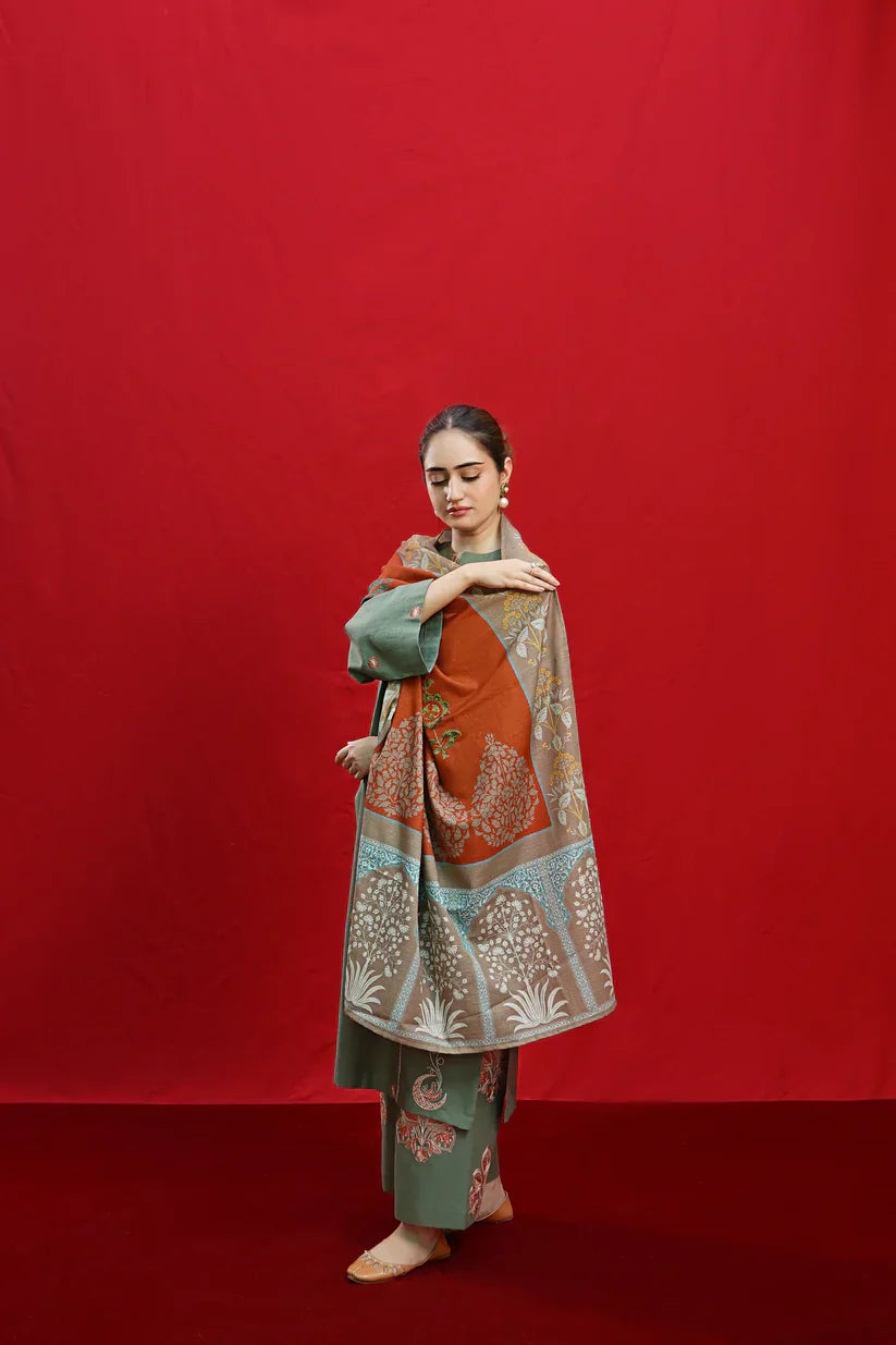 VL870 - 3PC DHANAK EMBROIDERED SHIRT WITH PASHMINA PRINTED SHAWL