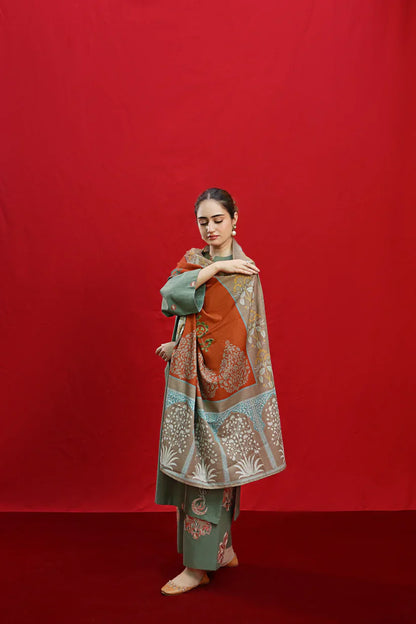 VL870 - 3PC DHANAK EMBROIDERED SHIRT WITH PASHMINA PRINTED SHAWL