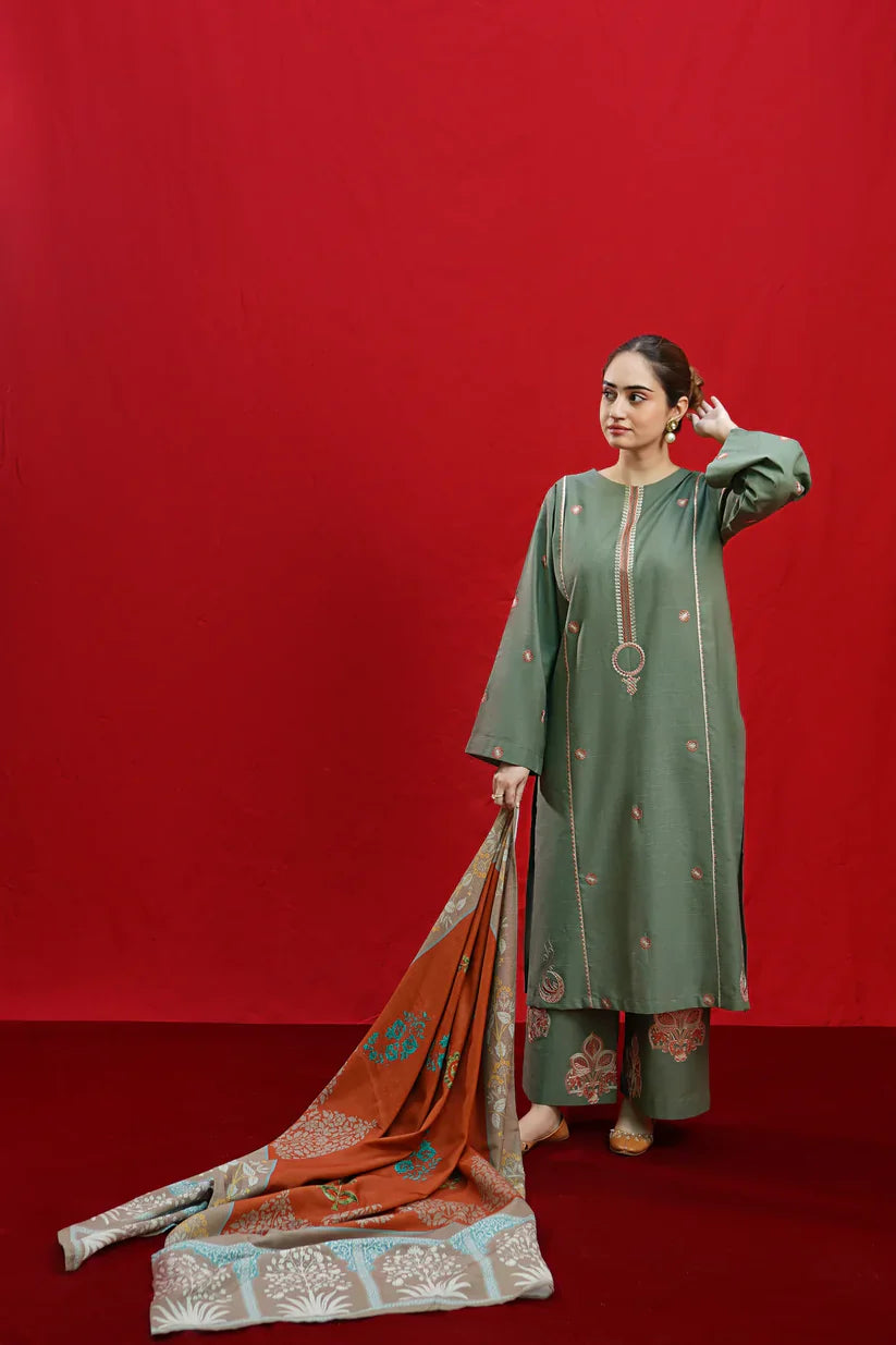 VL870 - 3PC DHANAK EMBROIDERED SHIRT WITH PASHMINA PRINTED SHAWL