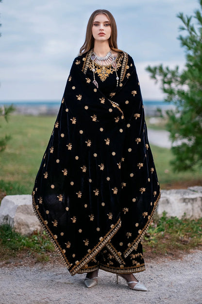 VL956 Unstitched 3PCs Embroidered Velvet Dress With Embroidered Velvet Shawl