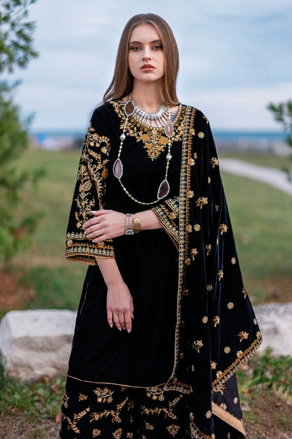 VL956 Unstitched 3PCs Embroidered Velvet Dress With Embroidered Velvet Shawl