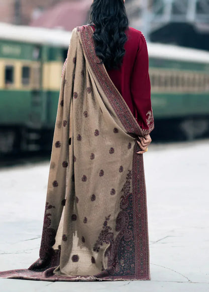 Embroidered 3pc Dhanak dress with Printed shawl - VL1142
