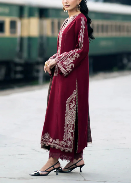 Embroidered 3pc Dhanak dress with Printed shawl - VL1142