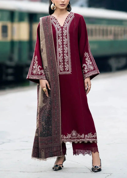 Embroidered 3pc Dhanak dress with Printed shawl - VL1142