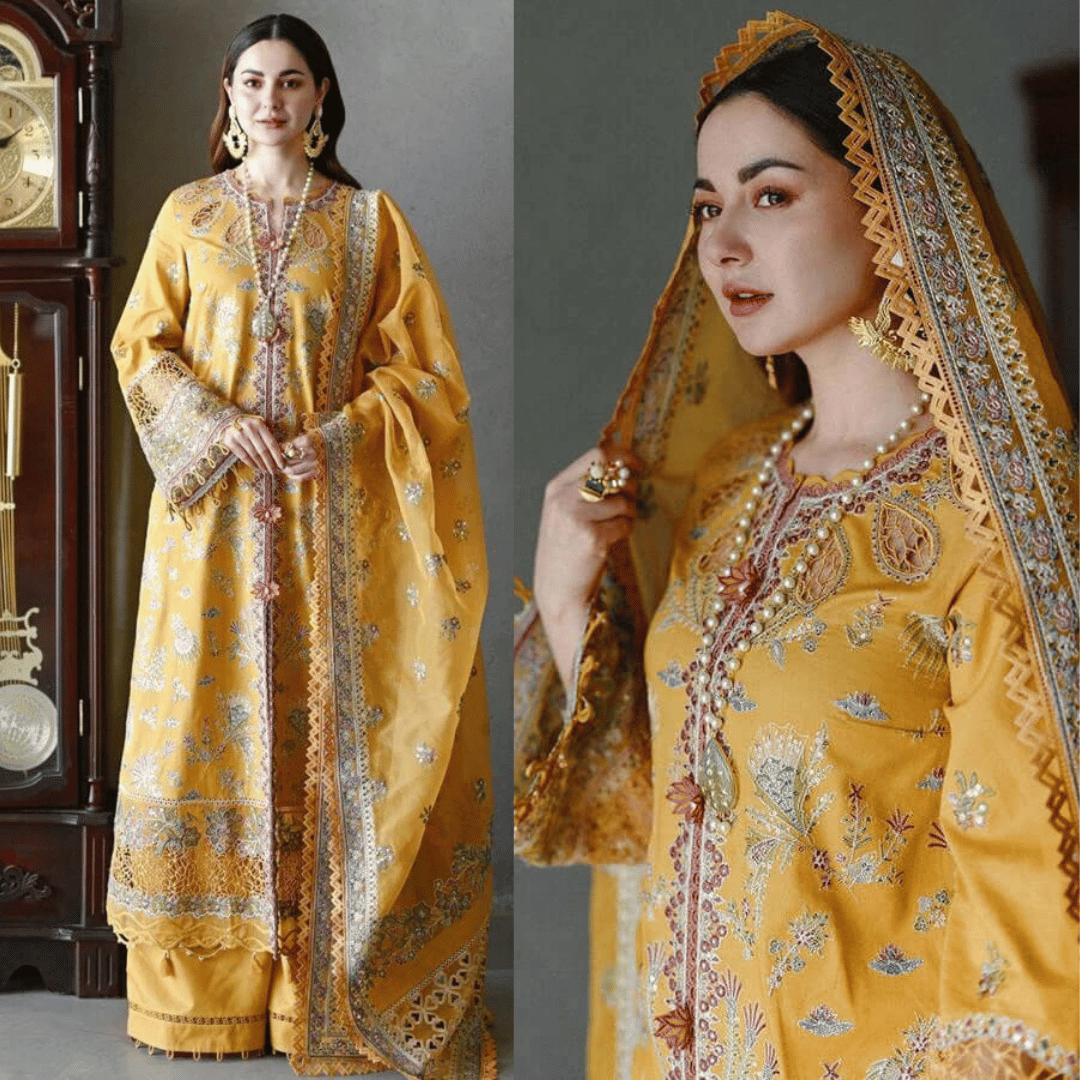 3 Piece Unstitched Heavy Embroidered Lawn Suit ( Four Sided Embroidered Organza Dupatta ) VL927