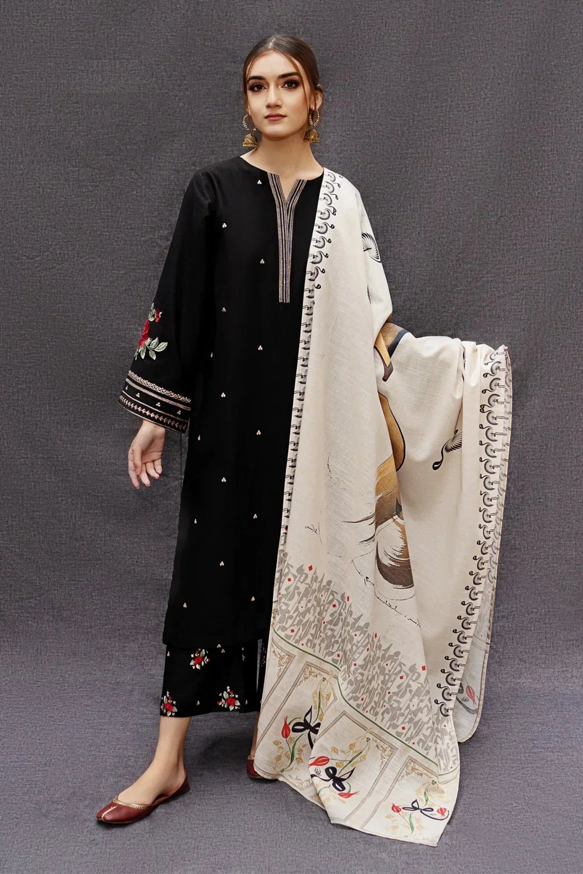 DHANAK 3PC EMBROIDERED SHIRT WITH DIGITAL PRINTED WOOL SHAWL- VL1127