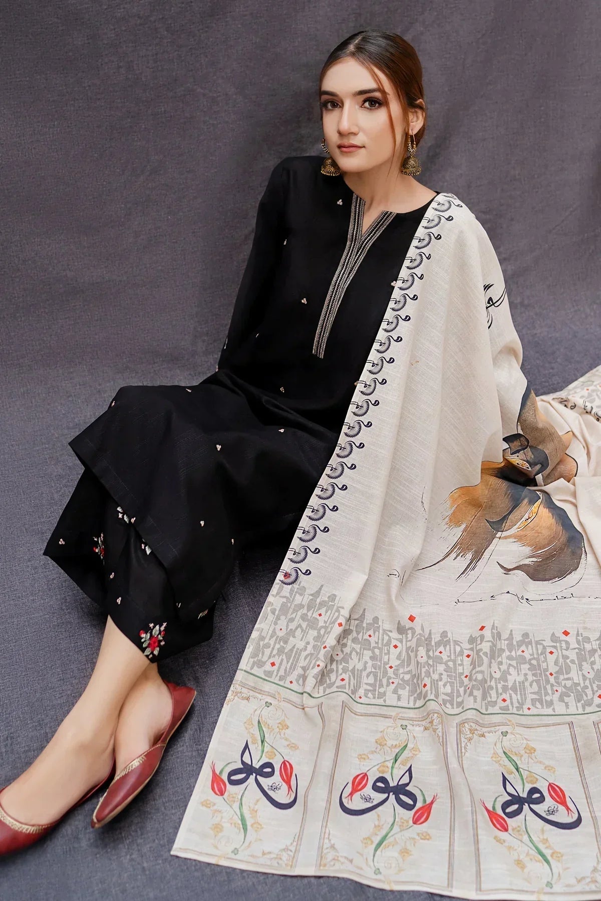 DHANAK 3PC EMBROIDERED SHIRT WITH DIGITAL PRINTED WOOL SHAWL- VL1127