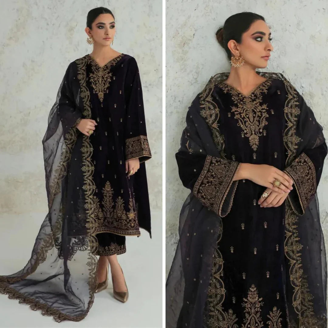 3PCs Velvet Dress With Embroidered Organza Dupatta - VL966