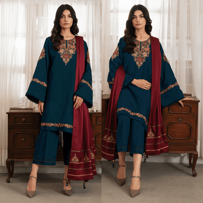 3PC Dhanak suit with Embroidered Shawl - VL1112