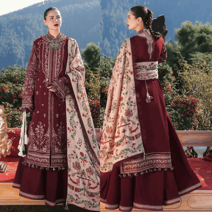 Hussain Rehar - 3PC Dhanak Chickenkari Embroidered Suit - VL1123