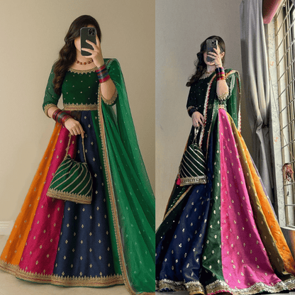Kataan Silk 3 Piece Embroidered Lehenga - VL1141