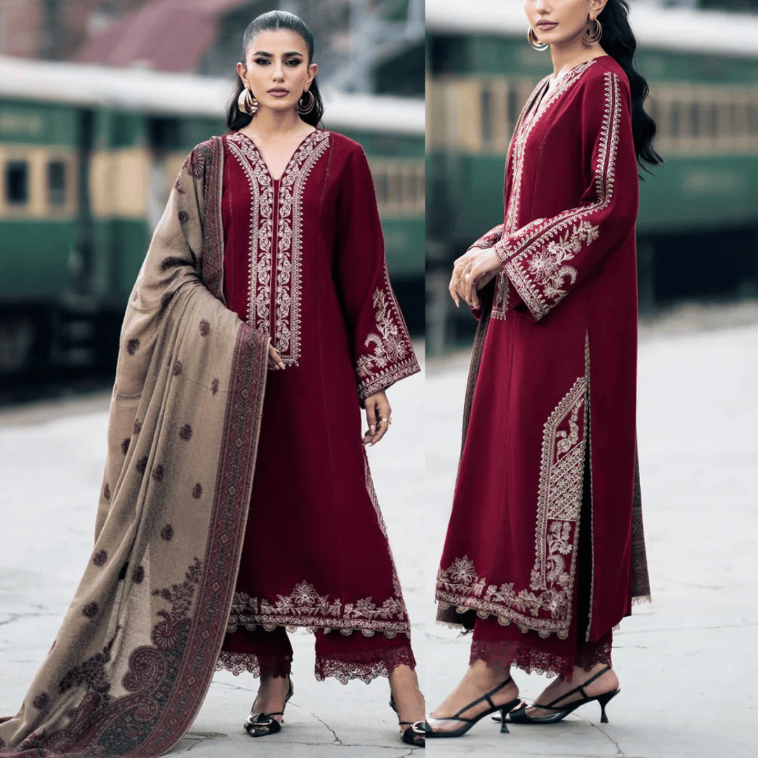 Embroidered 3pc Dhanak dress with Printed shawl - VL1142