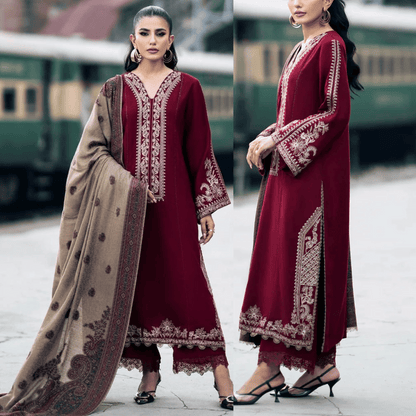 Embroidered 3pc Dhanak dress with Printed shawl - VL1142