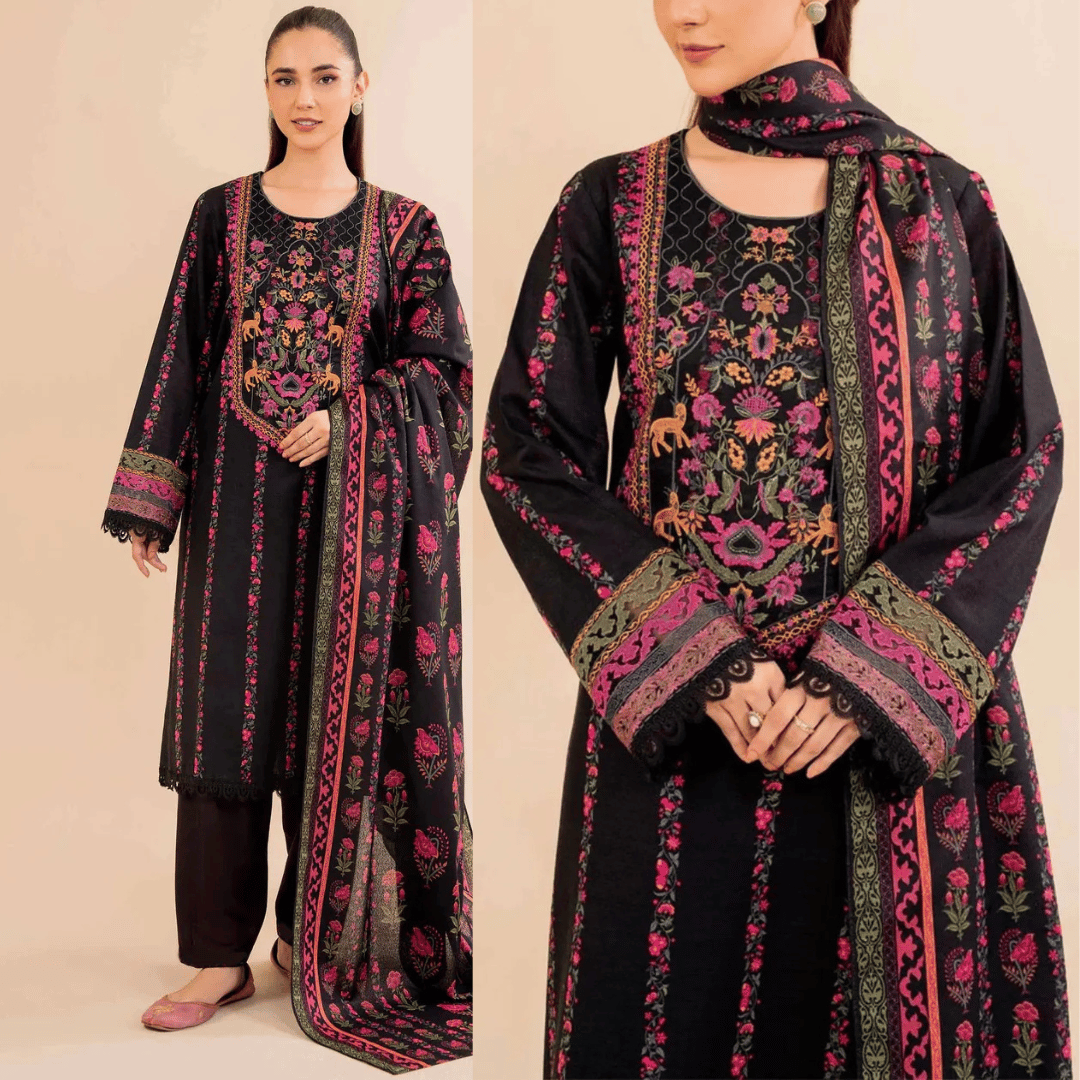 Khaddar 3 Piece Embroidered Dress - VL1145