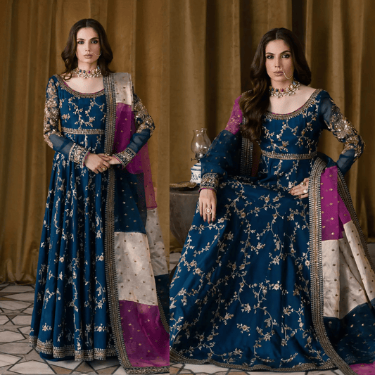 Maryum N Maria 3 piece kataan silk frock style embroidered suit - VL1146