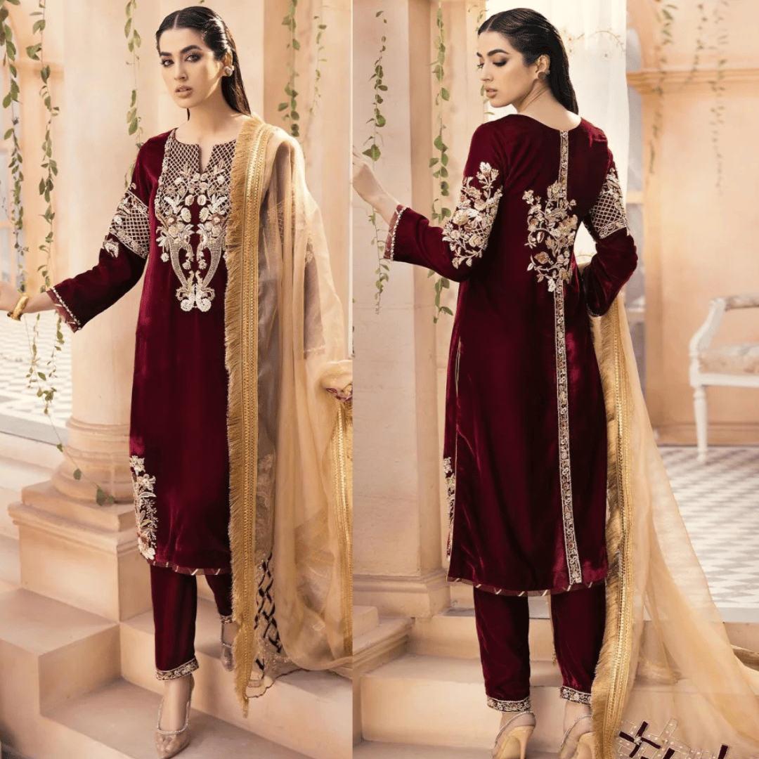 Jazmin - Embroidered Velvet 3-Piece Dress - VL986