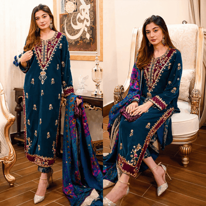 Veezal - Embroidered Velvet Dress with Wool Shawl - VL989