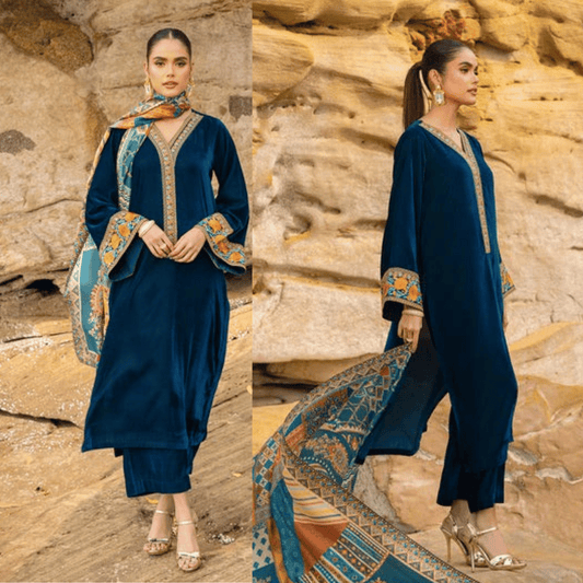 Zainab Chottani - Velvet Dress with Printed Karandi shawl - VL950