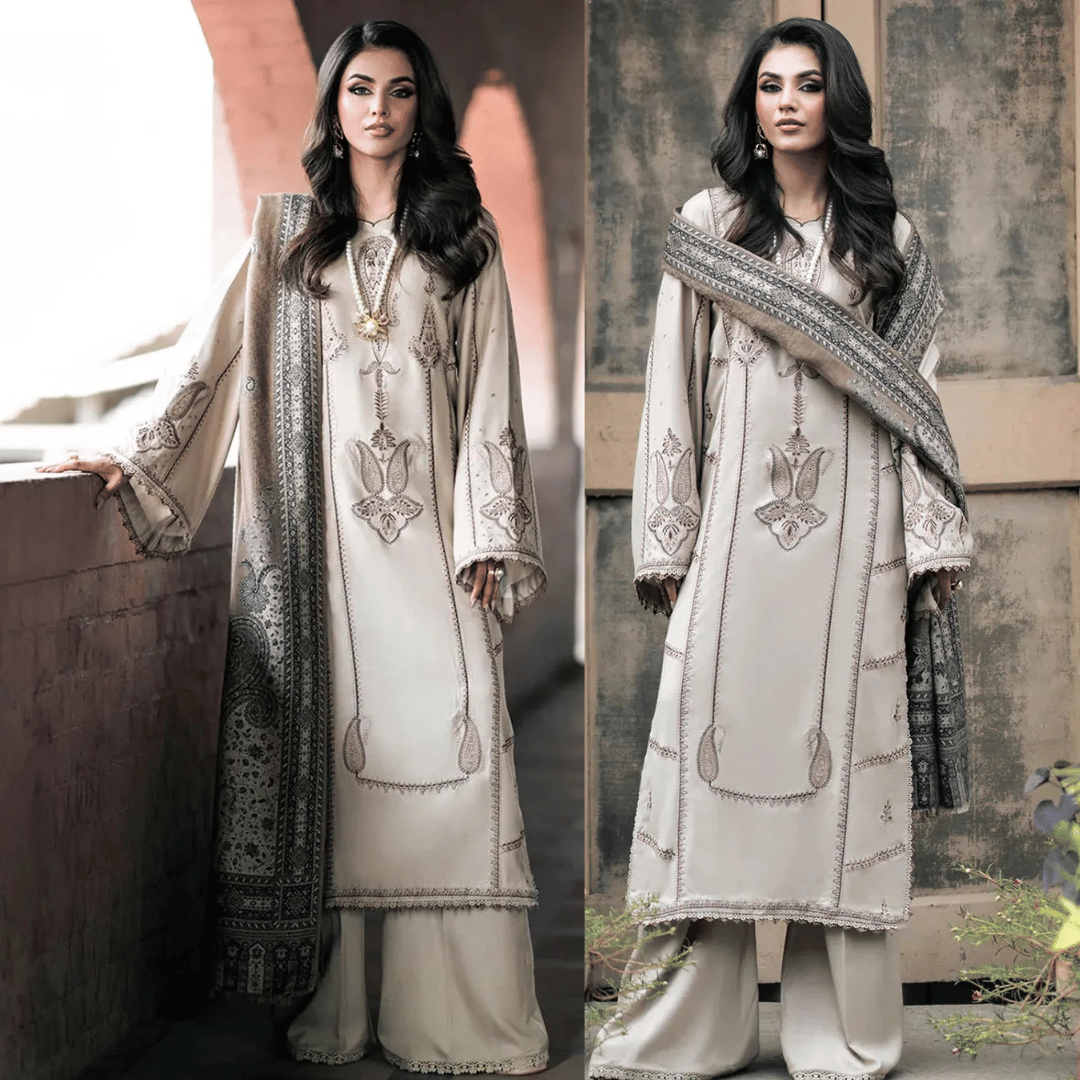 Izel Embroidered Dhanak Three Piece - VL1190