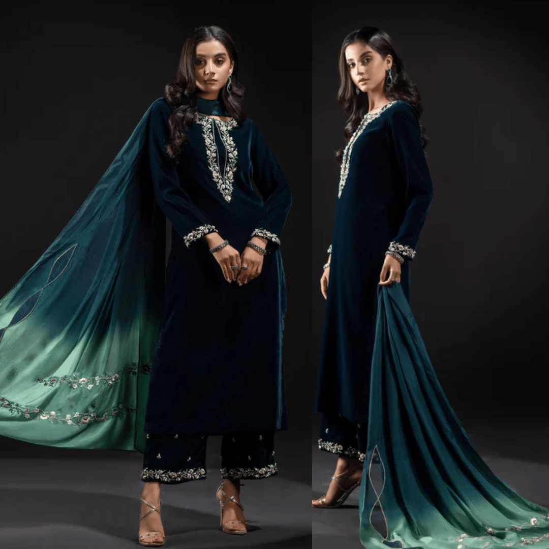 Veezal Embroidered Velvet Dress with Embroidered Karandi Shawl - VL990