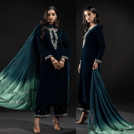 Veezal Embroidered Velvet Dress with Embroidered Karandi Shawl - VL990