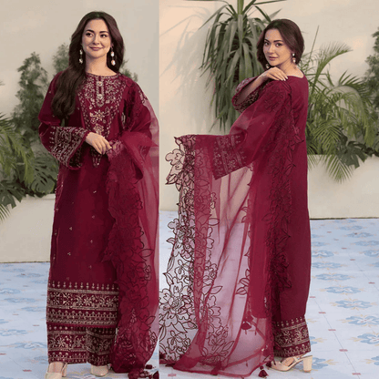 Velvet 3-Piece Dress with Embroidered Organza Dupatta - VL948