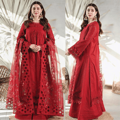 3 Piece Unstitched Heavy Embroidered Chickan Kari Lawn Suit ( Four Sided Embroidered Organza Dupatta ) VL1001
